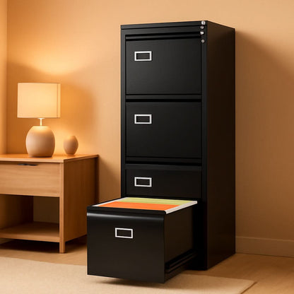 Four-drawer filing cabinet with lock from ShipItFurniture, ideal for home office storage and organization.