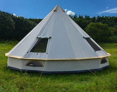Outdoor camping yurt tent with pyramid design, chimney opening, and sunscreen fabric