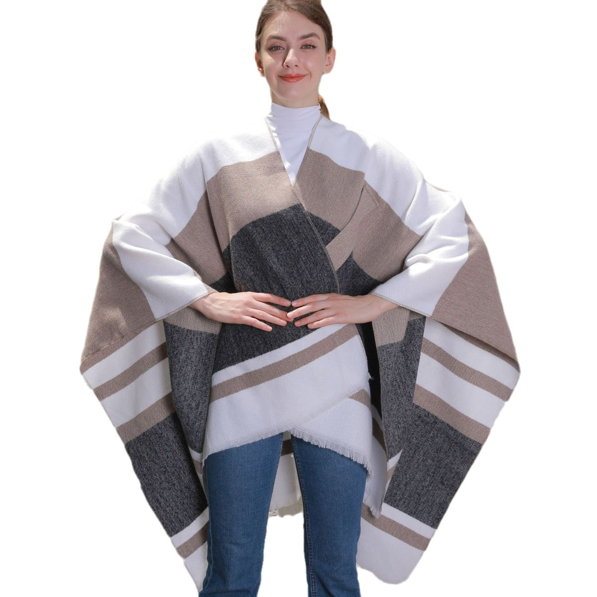 Women's striped tassel cross-strap warm cape shawl in a draped design