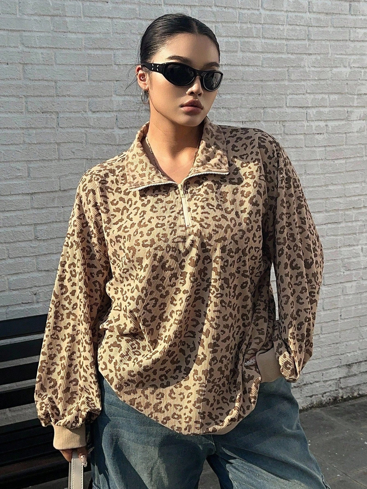 Women's casual corduroy hoodie with leopard print pattern, front view