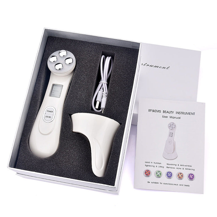 Multifunctional skin rejuvenation care instrument in white, handheld beauty device with digital display