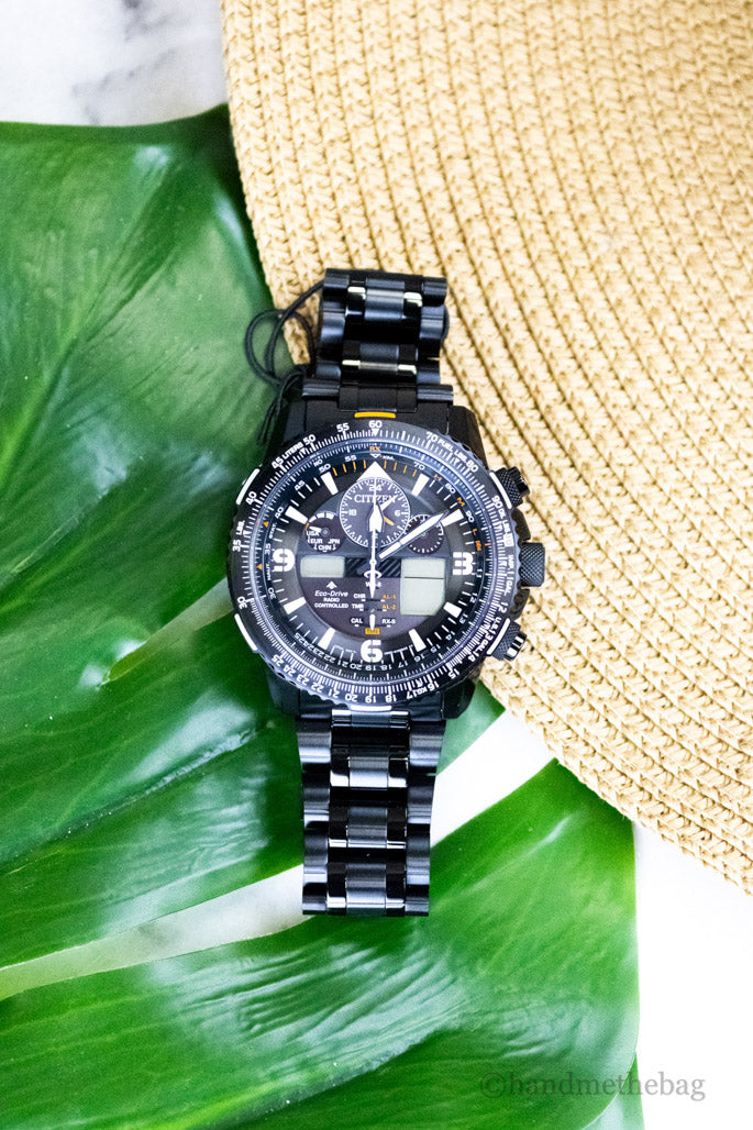 Citizen Promaster Skyhawk Eco-Drive black stainless steel chronograph watch with digital and analog displays.