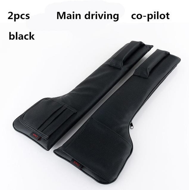 Black car seat gap filler pocket organizer with slim storage compartment beside the seat