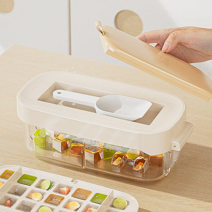 Ice Box high-capacity ice cube tray grid, food-grade kitchen gadget, shown in blue with ice cubes