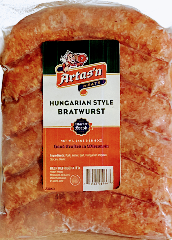 Fresh Hungarian Style Bratwurst sausage from Artas'n Meats, showcasing plump, seasoned sausage links ready for grilling or cooking.