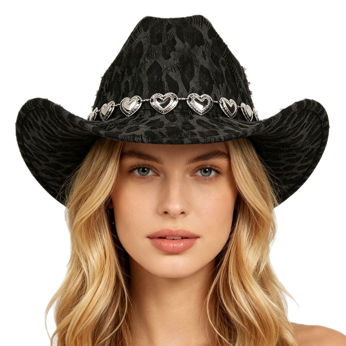 Unisex black leopard-print denim hat, featuring a bold spotted pattern and structured brim