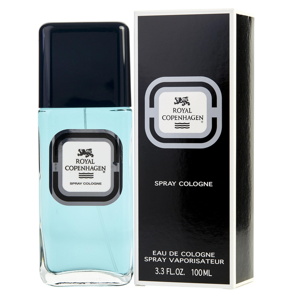 Royal Copenhagen Eau De Cologne spray for men, 3.3 oz, in a sleek glass bottle with a silver cap, displayed on a neutral background.
