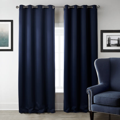 Dark blue bedroom blackout fabric printed curtains shown hanging together