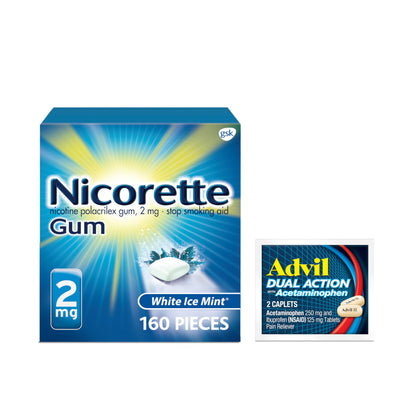 Nicorette 2mg White Ice Mint quit gum and Advil Dual Action 2 count tablets in blister packs on a white background.