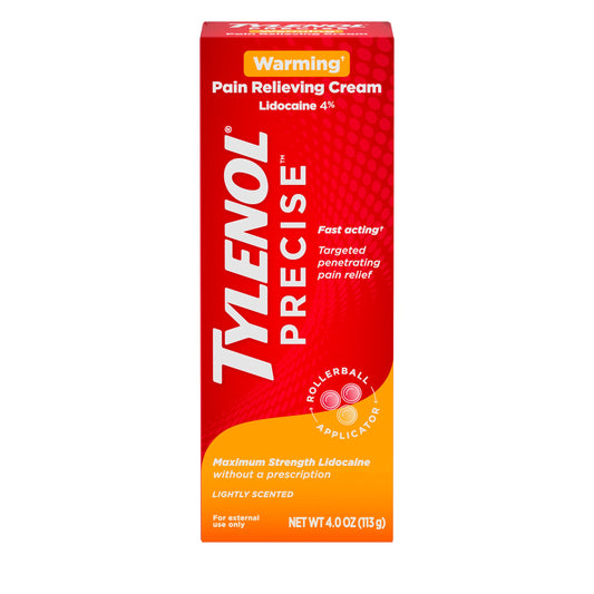 Tylenol 4% Lidocaine warming relief cream for joint and muscle pain, shown in a tube with applied warming sensation.
