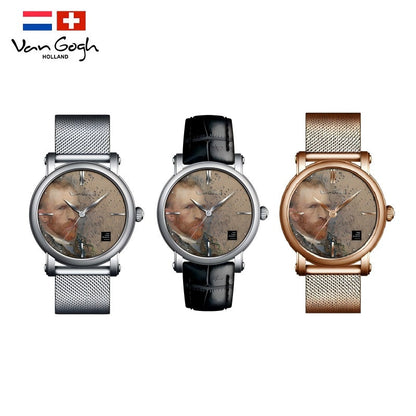 Van Gogh self-portrait 3D oil painting men's quartz watch with steel strap