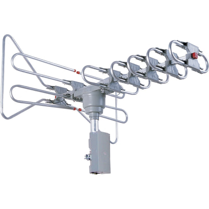 Supersonic 360-degree HDTV digital amplified motorized antenna with remote control, showing the antenna and remote in use.