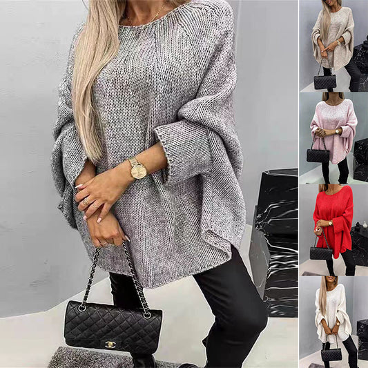 Women's winter oversized knitted shawl pullover sweater with loose batwing sleeves, front view