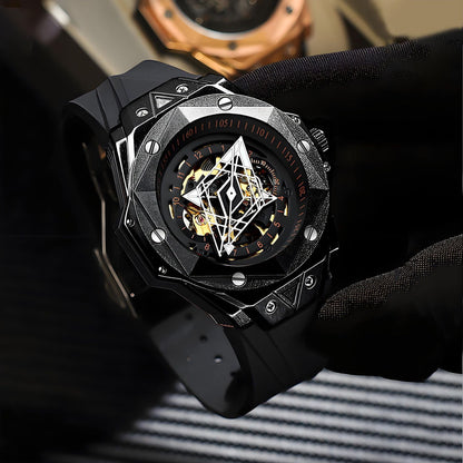 Personalized double-sided hollow mechanical watch for men with visible gears and classic wristwatch design