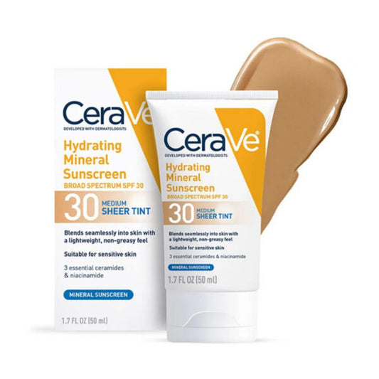 CeraVe Hydrating Mineral Sunscreen SPF 30 face lotion with zinc oxide and titanium dioxide, 1.7 oz, in a white tube.