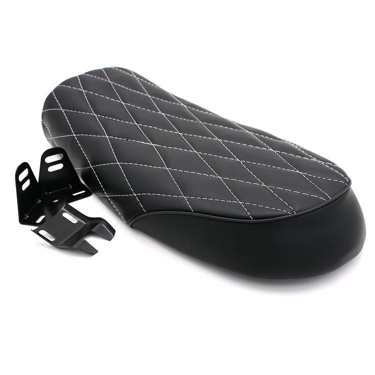 Retro modified diamond cushion motorcycle seat pad in black, detailed diamond stitching