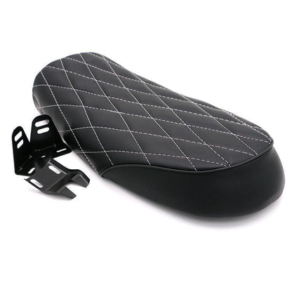 Retro modified diamond cushion motorcycle seat pad in black, detailed diamond stitching