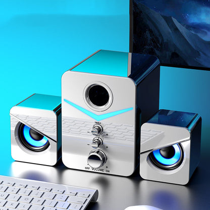 Universal small computer audio speaker for desktop and notebook setups, compact black design