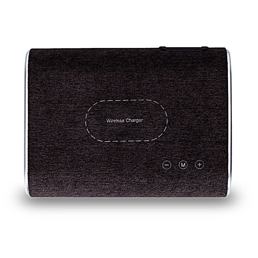 Wireless charger speaker with compact modern design and integrated charging pad