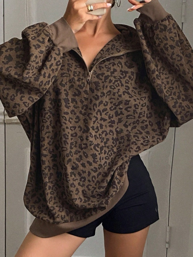 Women's casual corduroy hoodie with leopard print pattern; textured hooded sweatshirt in a relaxed style