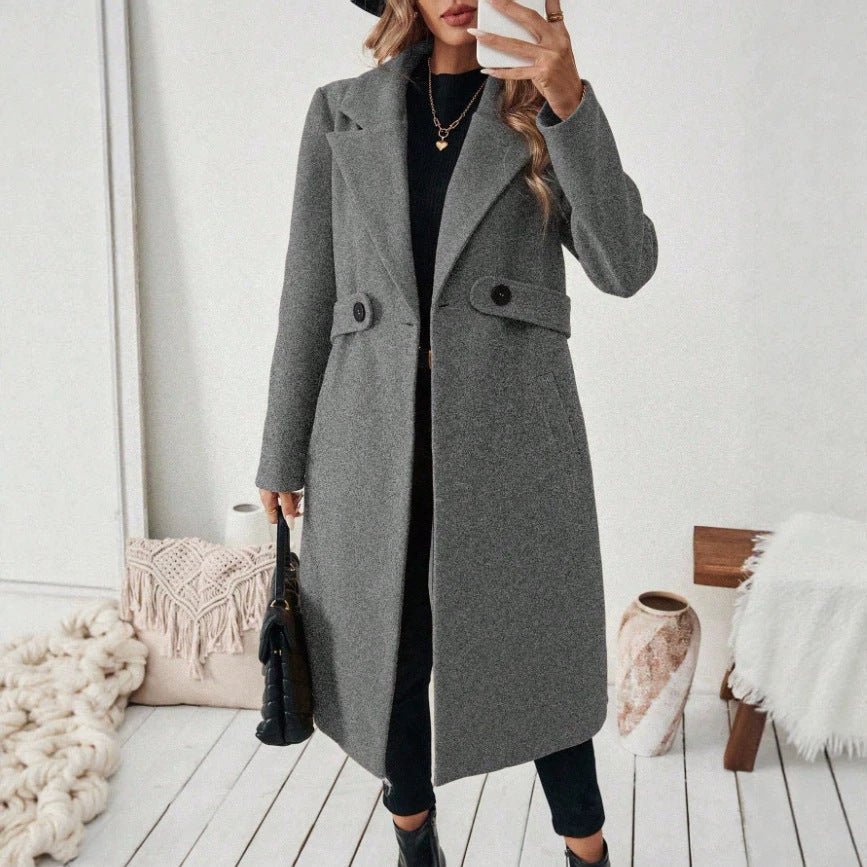 Women's solid-color wool coat with lapel collar and double-breasted design