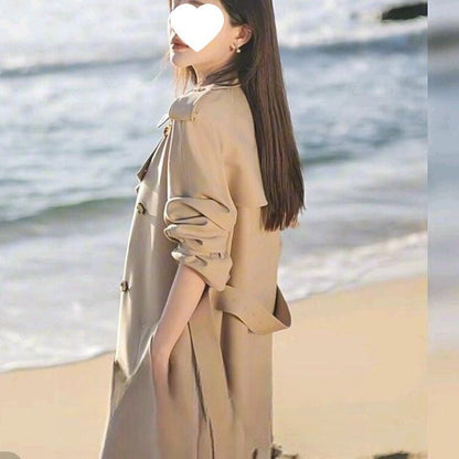 Korean-style mid-length trench coat jacket for petite women in a tailored silhouette