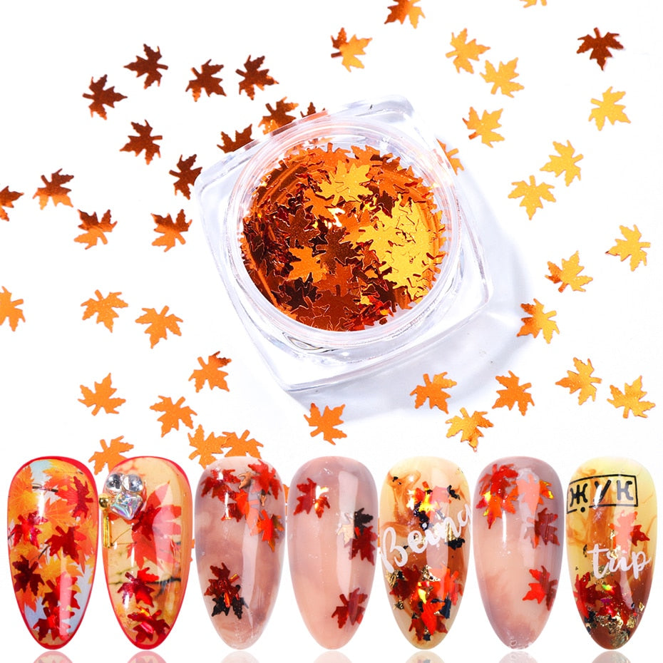 Gradient maple leaf nail sequins in assorted autumn colors for nail art