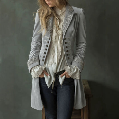 Women's long-sleeve patchwork lace and gold-velvet coat in a solid-color design