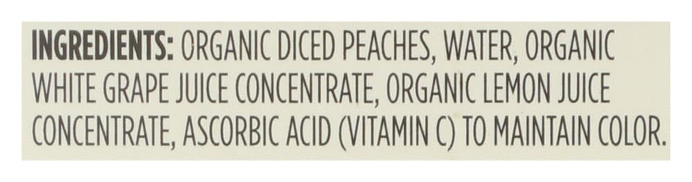 Canned organic diced peaches in a 16-ounce jar from 365 by Whole Foods Market, showcasing golden peach pieces in syrup.