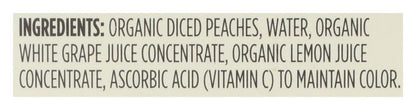 Canned organic diced peaches in a 16-ounce jar from 365 by Whole Foods Market, showcasing golden peach pieces in syrup.