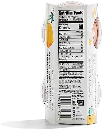 Canned organic diced peaches in a 16-ounce can from 365 by Whole Foods Market, showing sliced peaches in syrup.