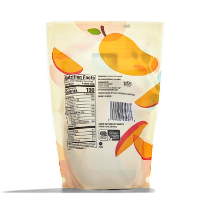 Dried organic mango slices in an 8-ounce bag from 365 by Whole Foods Market, showing vibrant orange dried fruit pieces.