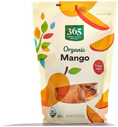 Organic dried mango pieces in an 8-ounce package from 365 by Whole Foods Market, shown in a clear image.
