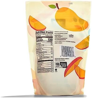 Organic dried mango from 365 by Whole Foods Market, 8-ounce bag showing vibrant, sliced dried mango pieces on a white background.