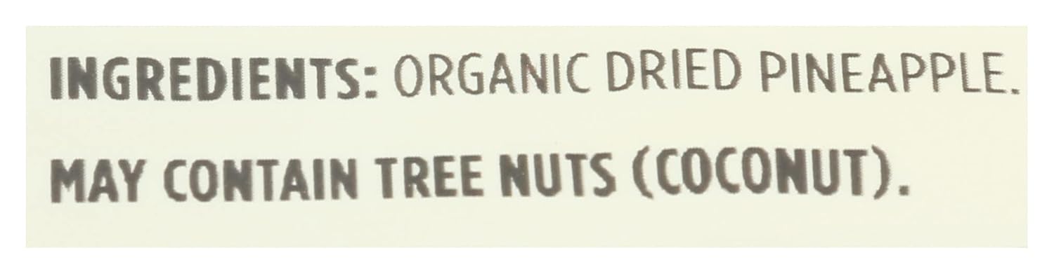 Dried organic pineapple slices in an 8-ounce package from 365 by Whole Foods Market, showcasing the dried fruit's texture and color.