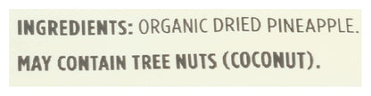 Dried organic pineapple slices in an 8-ounce package from 365 by Whole Foods Market, showcasing the dried fruit's texture and color.