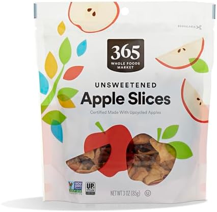 Dried upcycled apple slices in a 3-ounce package from 365 by Whole Foods Market, showing golden-brown apple pieces on a white background.