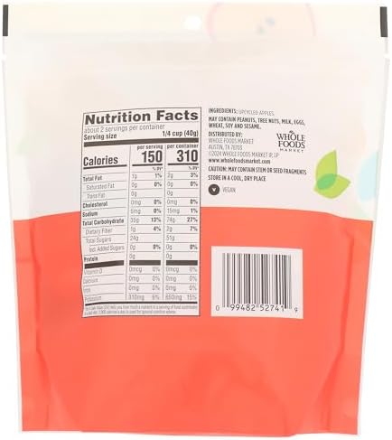 Dried upcycled apple slices in a 3-ounce package from 365 by Whole Foods Market, showing golden and crispy apple pieces