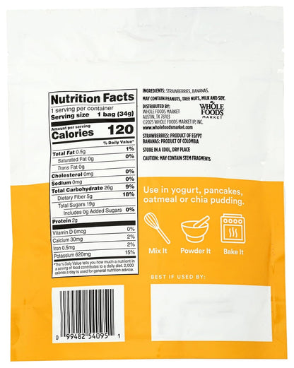 Freeze-dried strawberry and banana slices in a clear bag from 365 by Whole Foods Market, 1.2 oz package.