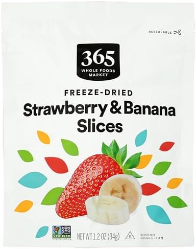 Freeze-dried strawberry and banana blend in a 1.2 oz package from 365 by Whole Foods Market, showing vibrant fruit slices.