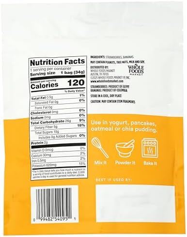 Freeze-dried strawberry and banana blend in 1.2 oz package by 365 by Whole Foods Market, shown in the image.