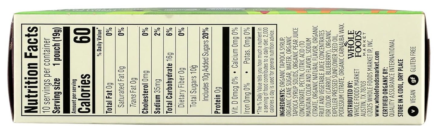 Organic berry blend fruit snacks by 365 by Whole Foods Market in 10 count, 0.7 oz packages, featuring colorful fruit shapes and packaging.