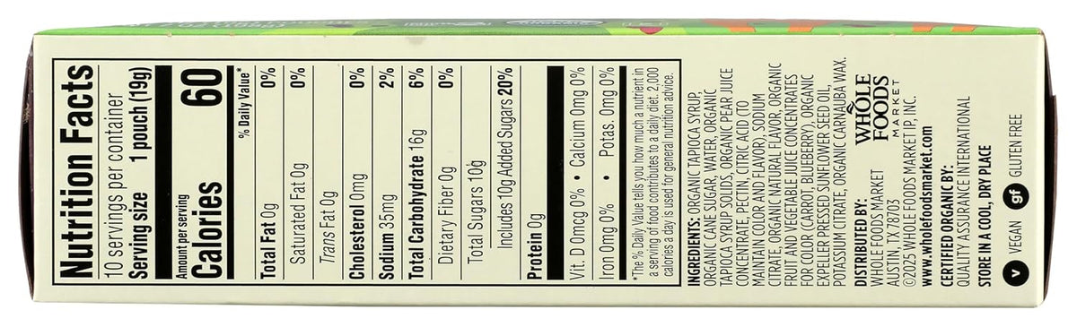 Organic berry blend fruit snacks by 365 by Whole Foods Market in 10 count, 0.7 oz packages, featuring colorful fruit shapes and packaging.