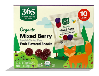 Organic berry blend fruit snacks by 365 Whole Foods Market in a 10-pack, featuring colorful, naturally dried berry pieces.