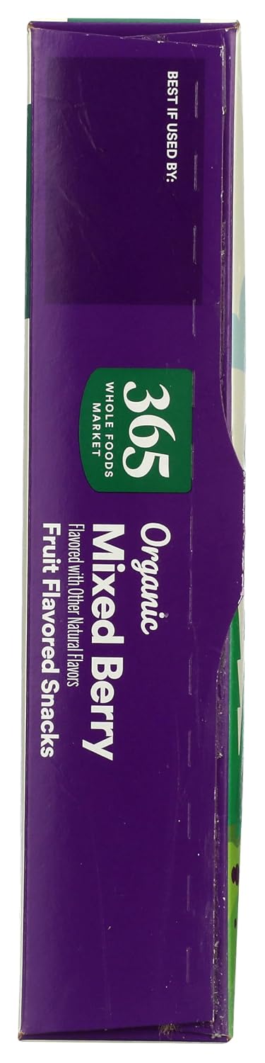 Organic berry blend fruit snacks by 365 Whole Foods Market in 10-count, 0.7 oz packages, featuring colorful fruit shapes and packaging.