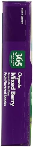 Organic berry blend fruit snacks by 365 by Whole Foods Market, 10-count pack with assorted colorful fruit shapes.