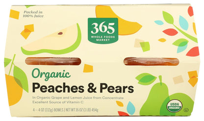Four 365 by Whole Foods Market organic peaches and pears snack cups with fresh fruit in clear cups.