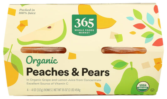 Four 365 by Whole Foods Market organic peaches and pears snack cups with fresh fruit in clear cups.