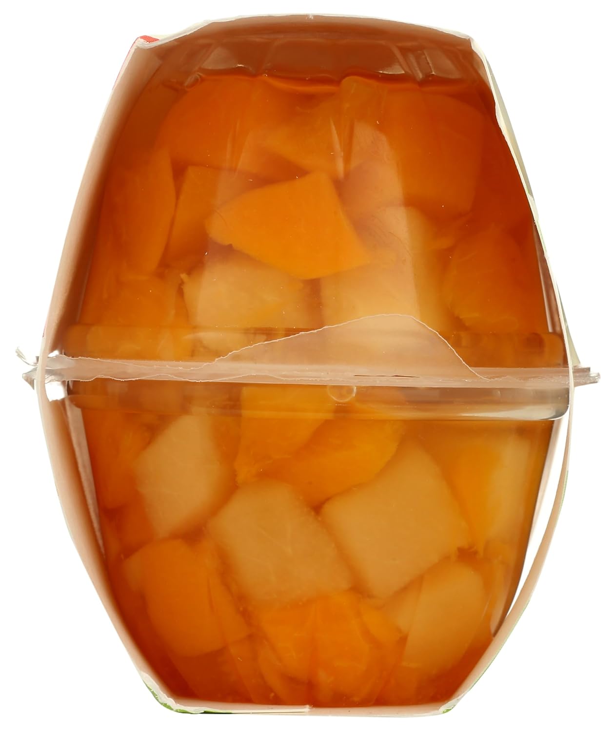 Four 365 by Whole Foods Market organic peaches and pears snack cups with fresh fruit in clear cups.