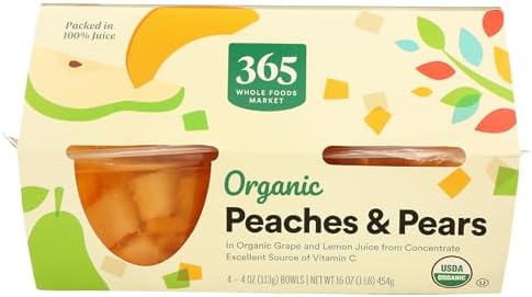 Four 365 by Whole Foods Market organic peaches and pears snack cups with fresh fruit visible in clear cups.
